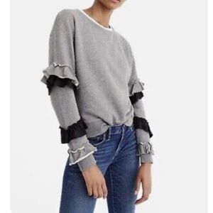J Crew Ruffle Sleeve Cotton Gray Black Sweatshirt Long Sleeve Neutral Sz L